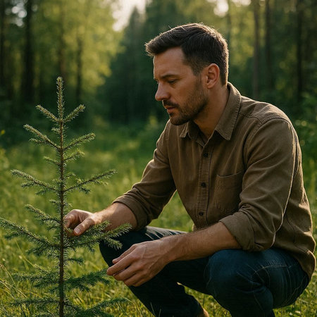 Handsome young man with a beard in a plaid shirt is planting a tree in the forest.の写真素材