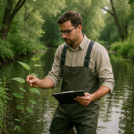 Farmer checking nettles in the river with a tablet.