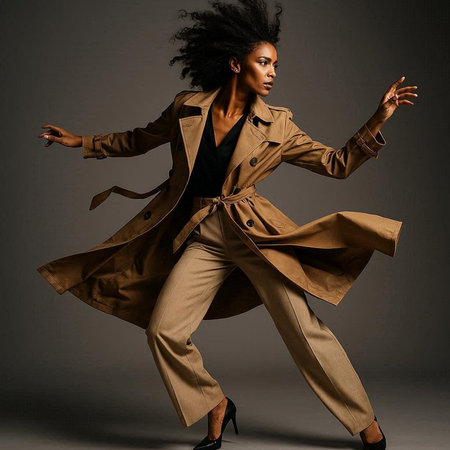Beautiful african american woman in beige trench coat.