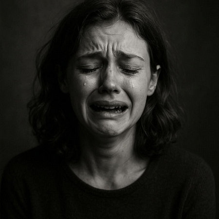 Black and white portrait of a crying woman with tears on her face