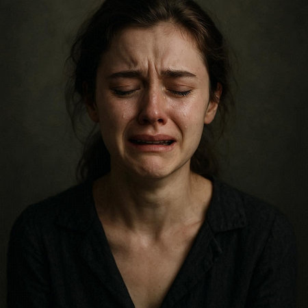 sad woman crying in depression, dramatic portrait on dark background, monochromeの写真素材