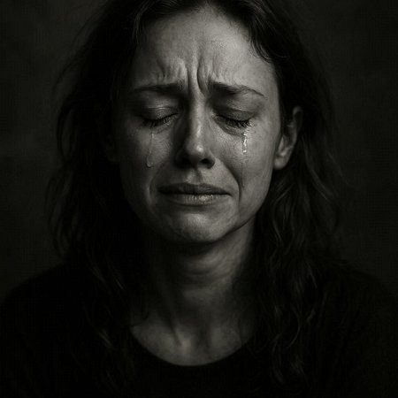 Portrait of a woman with tears on her face. Black and white