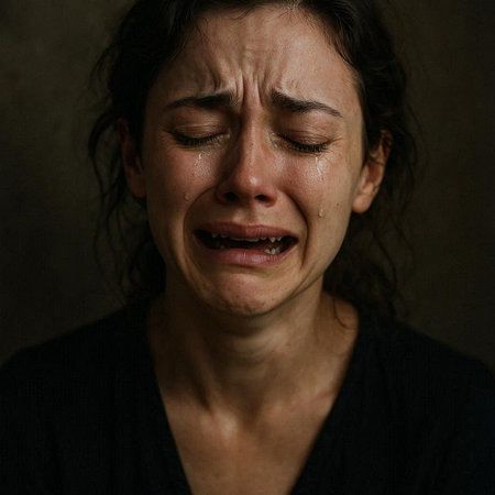 Portrait of crying woman with tears on her face, dark background