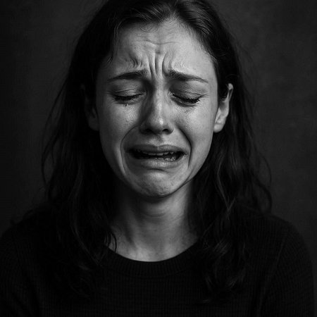 Portrait of a young woman crying. Black and white photo.