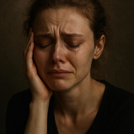 Portrait of a young woman with pain in the head on dark backgroundの写真素材