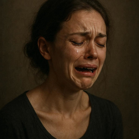 Portrait of a woman crying on a dark background in the studio