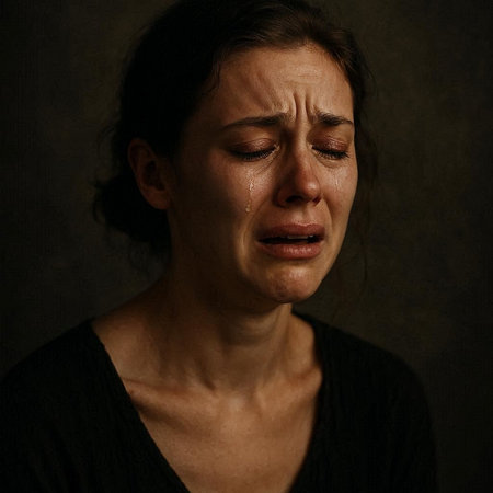 Portrait of a middle aged woman crying. Studio shot against dark background.の写真素材
