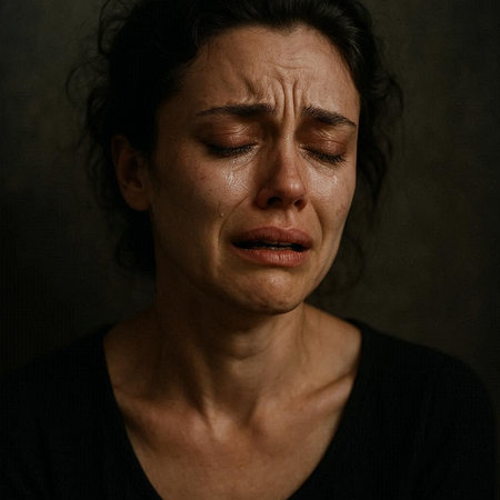 Portrait of a sad woman with tears in her eyes. Studio shot.の写真素材