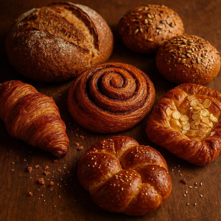 Freshly baked buns and croissants on a wooden table