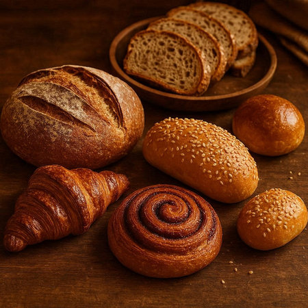 Bread assortment on wooden background. Freshly baked buns, croissants and buns.