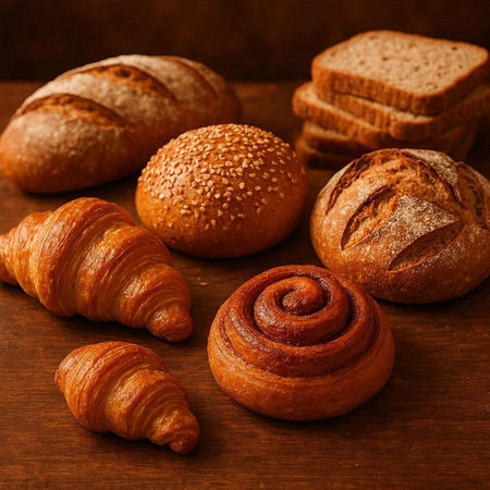 assortment of baked bread and rolls on wooden background, closeup