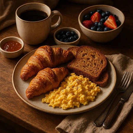 Breakfast with coffee, croissants and scrambled eggs on wooden background