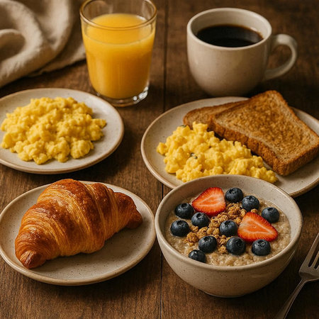 Breakfast with oatmeal, berries, coffee and croissants.の写真素材