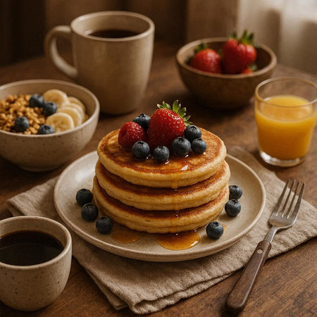 Pancakes with berries, honey and coffee on a wooden backgroundの写真素材