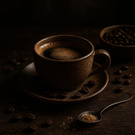 Coffee cup and coffee beans on dark wooden background. Vintage style.の写真素材