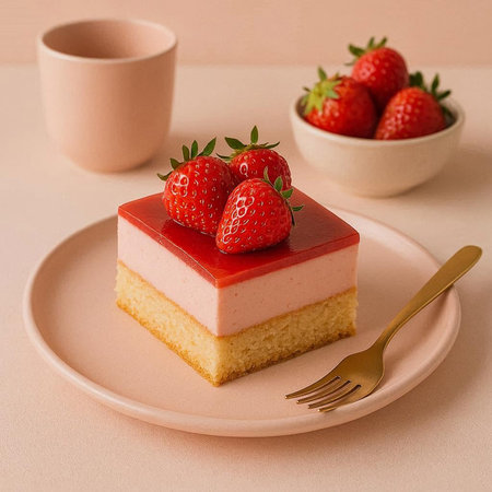 Strawberry cheesecake on a pink background, selective focus.