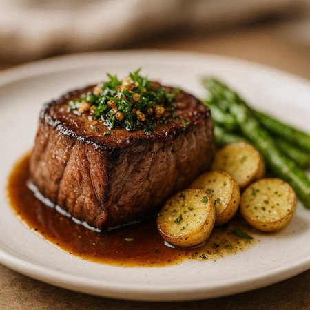 Beef tenderloin with asparagus and potatoes on a plateの写真素材