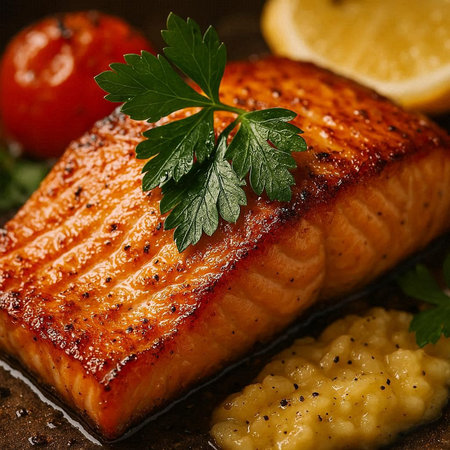 Grilled salmon steak with lemon and parsley on a dark backgroundの写真素材