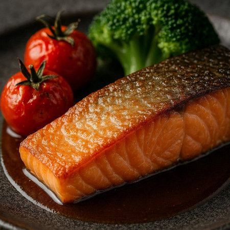 Salmon Steak with Cherry Tomatoes and Broccoli Closeup