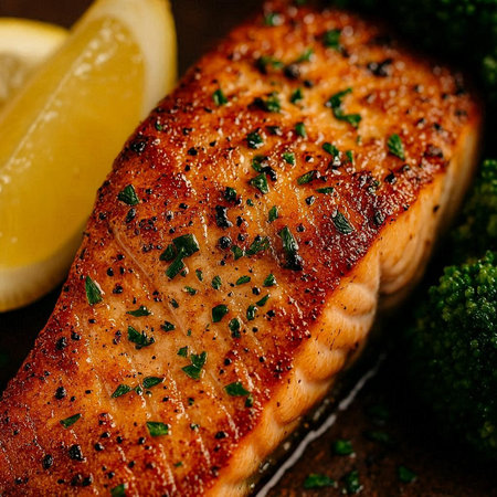 Grilled salmon fillet with broccoli and lemon on a dark background