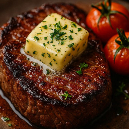 Grilled beef steak with butter and cherry tomatoes on dark background.の写真素材