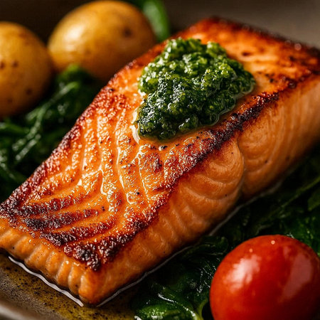 Grilled salmon fillet with spinach and pesto on a plateの写真素材