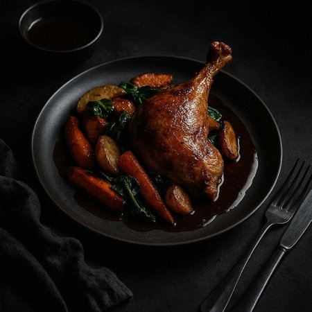 Roast chicken with potato and spinach in black plate on black backgroundの写真素材