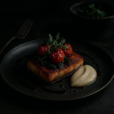 Grilled Tofu with cherry tomatoes and cream sauce. Dark background