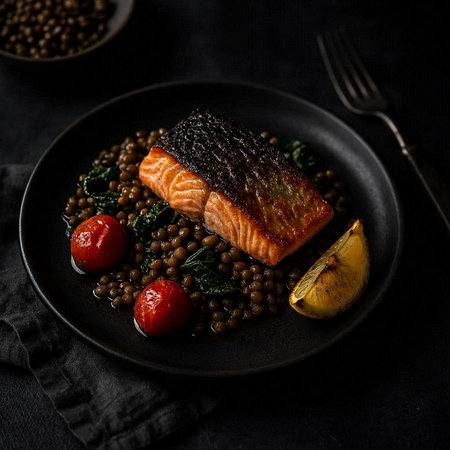 Grilled salmon fillet with black lentils, cherry tomatoes and spinach on black plate over black...