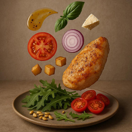 Grilled chicken fillet with arugula, tomato and cheese flying into the air