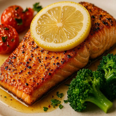 Grilled salmon fillet with lemon and broccoli. Shallow dof.