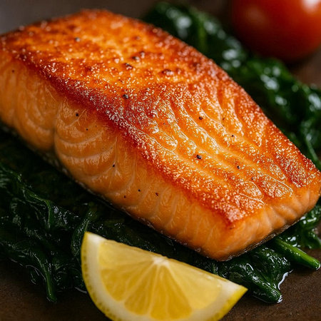 Grilled salmon fillet with spinach and lemon. Close up.