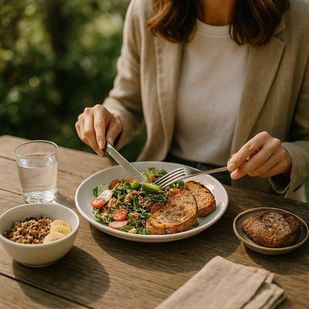 Close-up of young woman eating healthy vegetarian salad in the gardenの写真素材