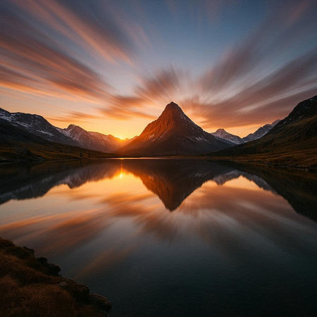 Mountain reflected in a lake at sunrise, Glencoe, Scotland
