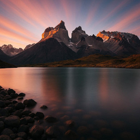 Matterhorn mountain at sunset, Torres del Paine National Park, Chileの写真素材