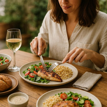 cropped view of woman eating chicken fillet with salad on wooden tableの写真素材