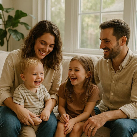 Happy family. Mother, father and their children are sitting on the couch and smiling.
