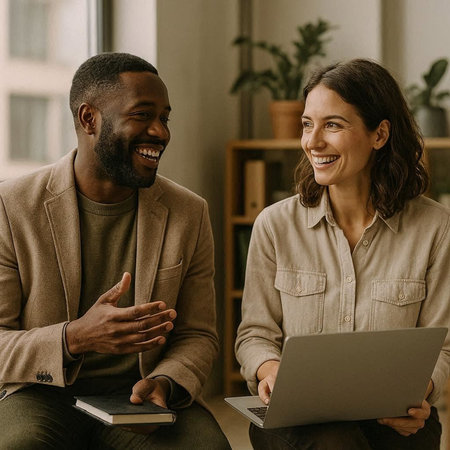smiling businesswoman and african american businessman using laptop at office