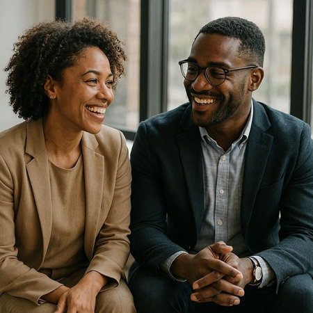 African american business man and woman sitting in office, talking and smilingの写真素材