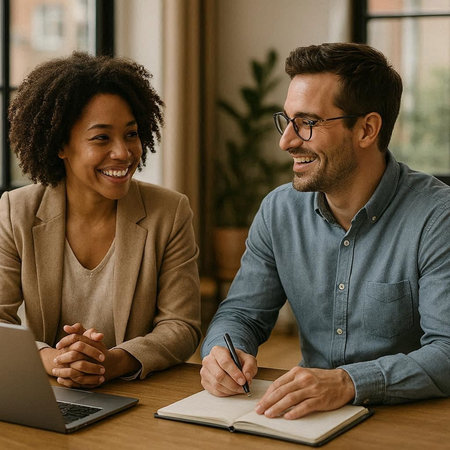 Smiling business people sitting at desk in office and working on laptop