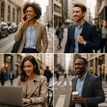 Collage of smiling young business people using laptop and talking on mobile phone while walking on streetの写真素材