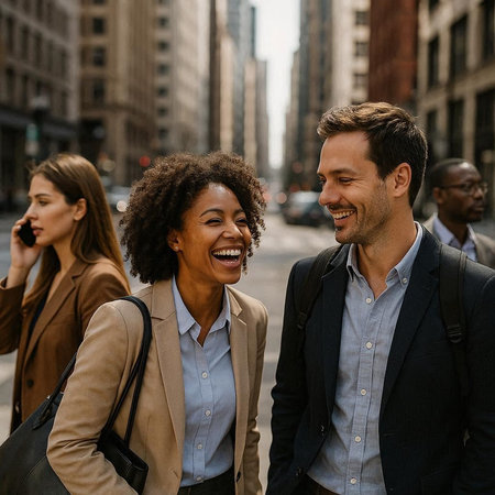 Group of business people talking on the street in New York City.の写真素材
