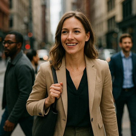 Portrait of a smiling businesswoman standing in the street with colleagues in the background