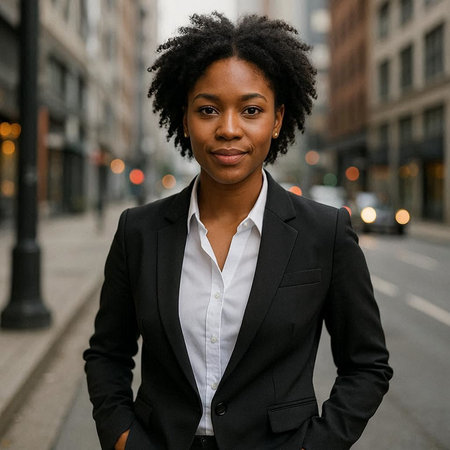 Beautiful african american woman in a business suit standing on the street in the cityの写真素材