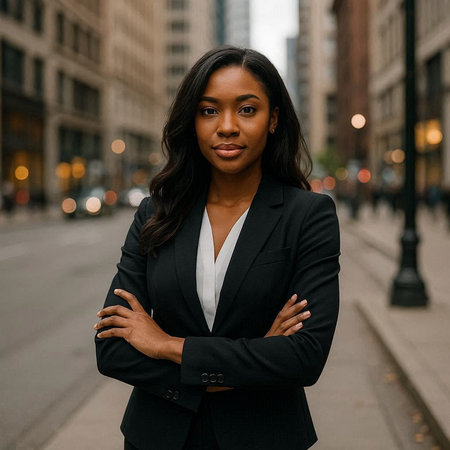 Portrait of a beautiful African American businesswoman with arms crossed standing in the street.の写真素材