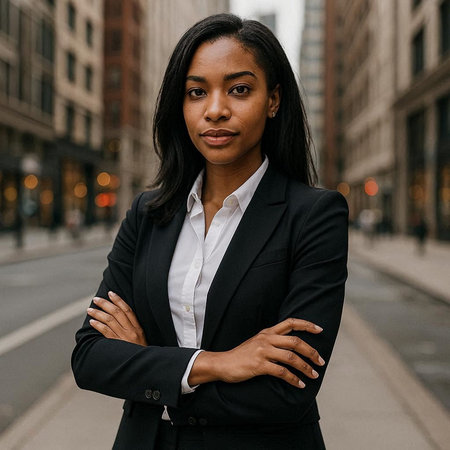 Portrait of a young African American businesswoman in a black suit standing outside in the city.の写真素材