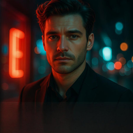 Portrait of a handsome man in a night city. Men's beauty, fashion.の写真素材