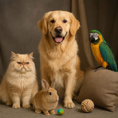 Golden Retriever, Golden Retriever and cat sit on a pillowの写真素材