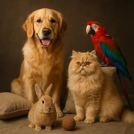Golden Retriever, red macaw and a cat sitting on a brown backgroundの写真素材
