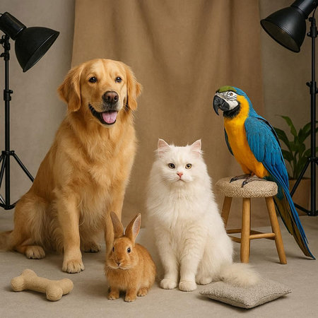 Cat, dog, dog, macaw and golden retriever in studioの写真素材